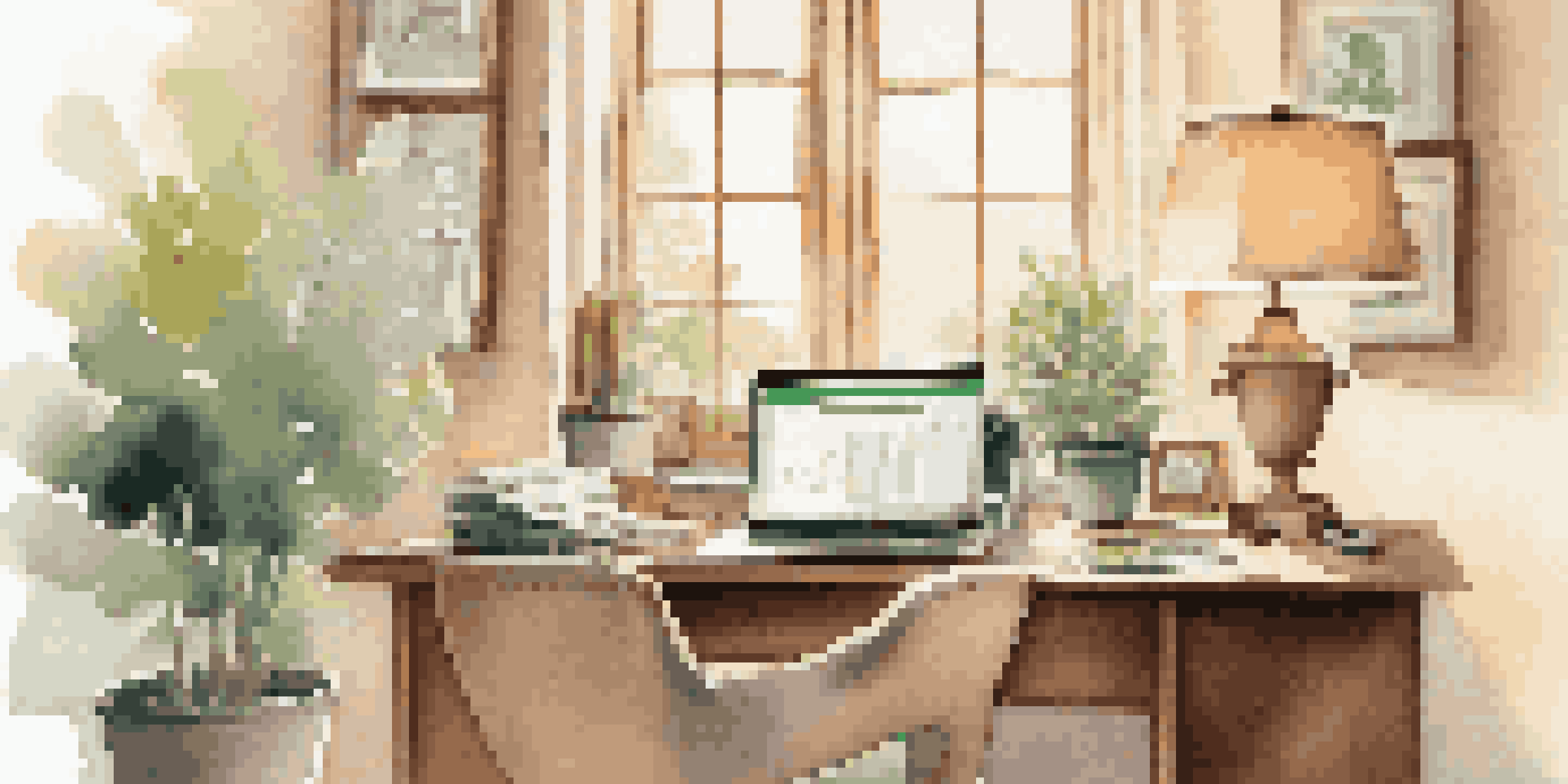 A cozy home office with a wooden desk, a laptop, and financial planning materials, illuminated by a soft desk lamp with a garden view outside.