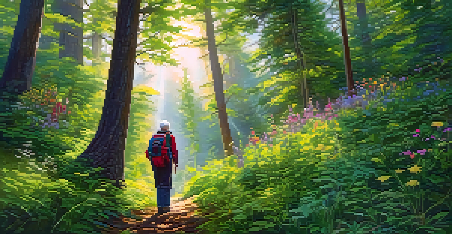 A retired person hiking in a green forest, appreciating nature amidst trees and wildflowers.