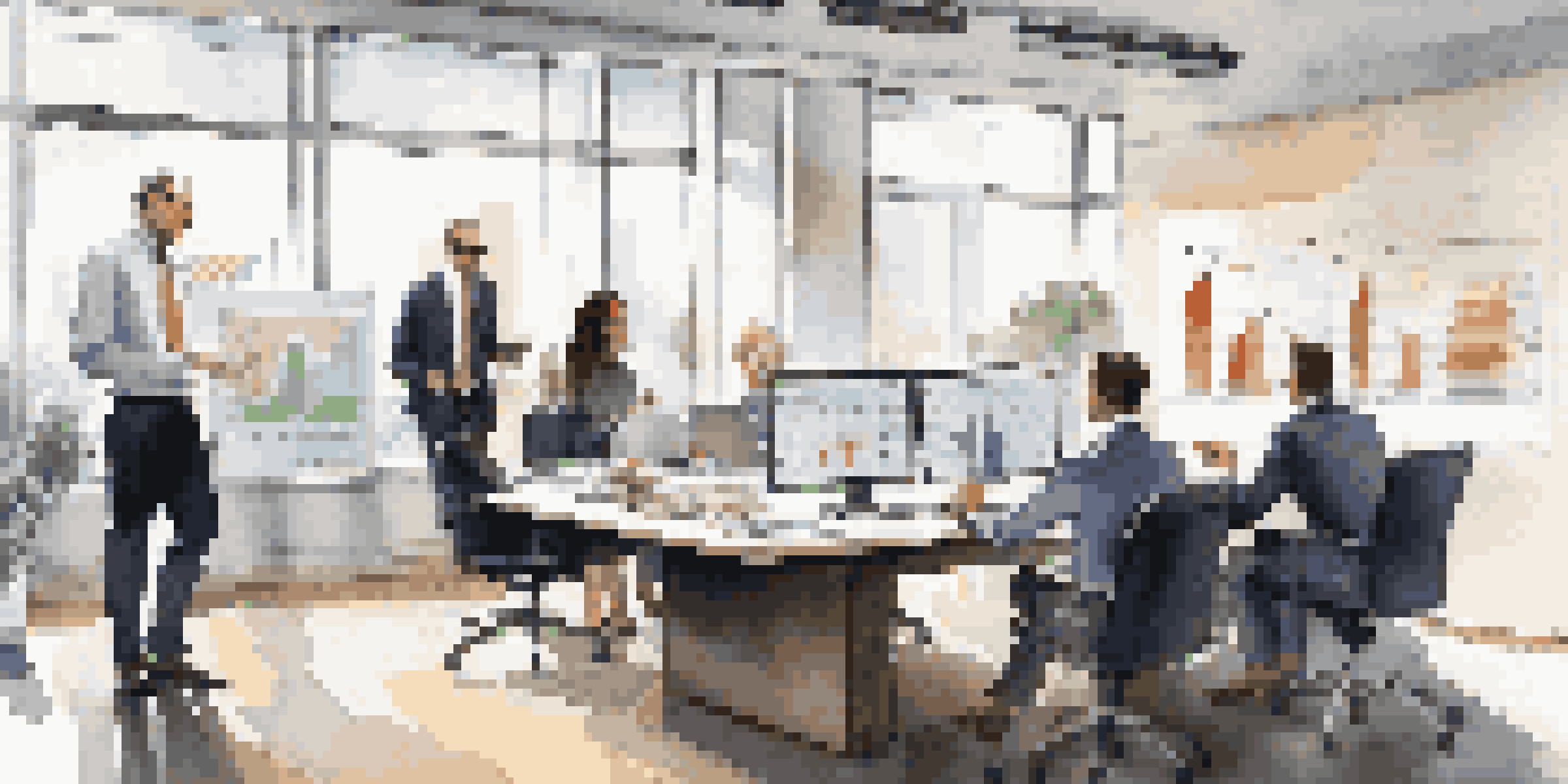 A diverse team of financial analysts working together in a bright office, analyzing charts and reports on a large table.