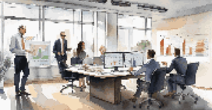 A diverse team of financial analysts working together in a bright office, analyzing charts and reports on a large table.