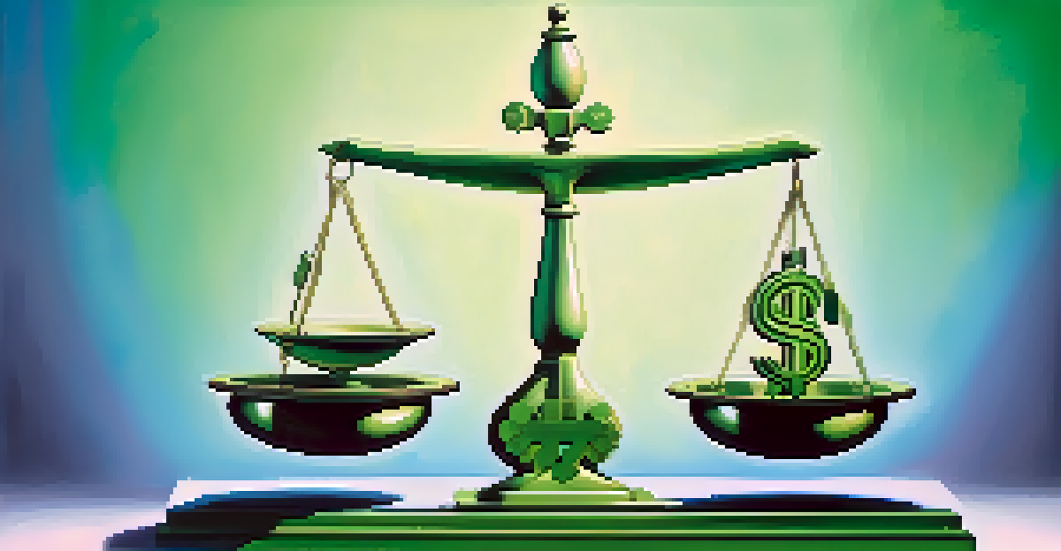 A balanced scale with financial symbols representing stocks and bonds, set against a calming blue and green gradient background.