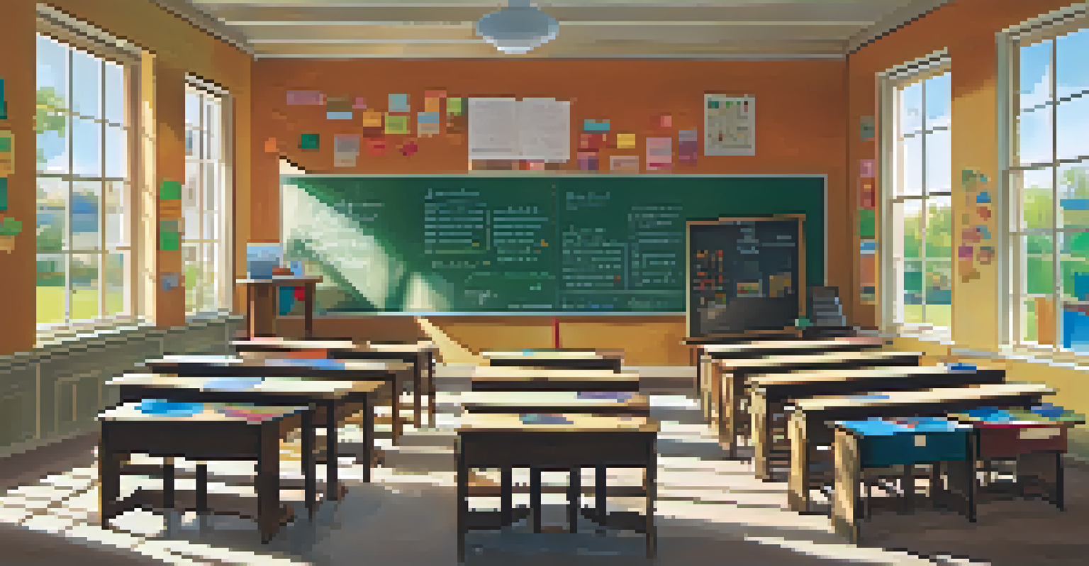 A bright classroom with a chalkboard, desks, and educational materials, emphasizing a vibrant learning environment.