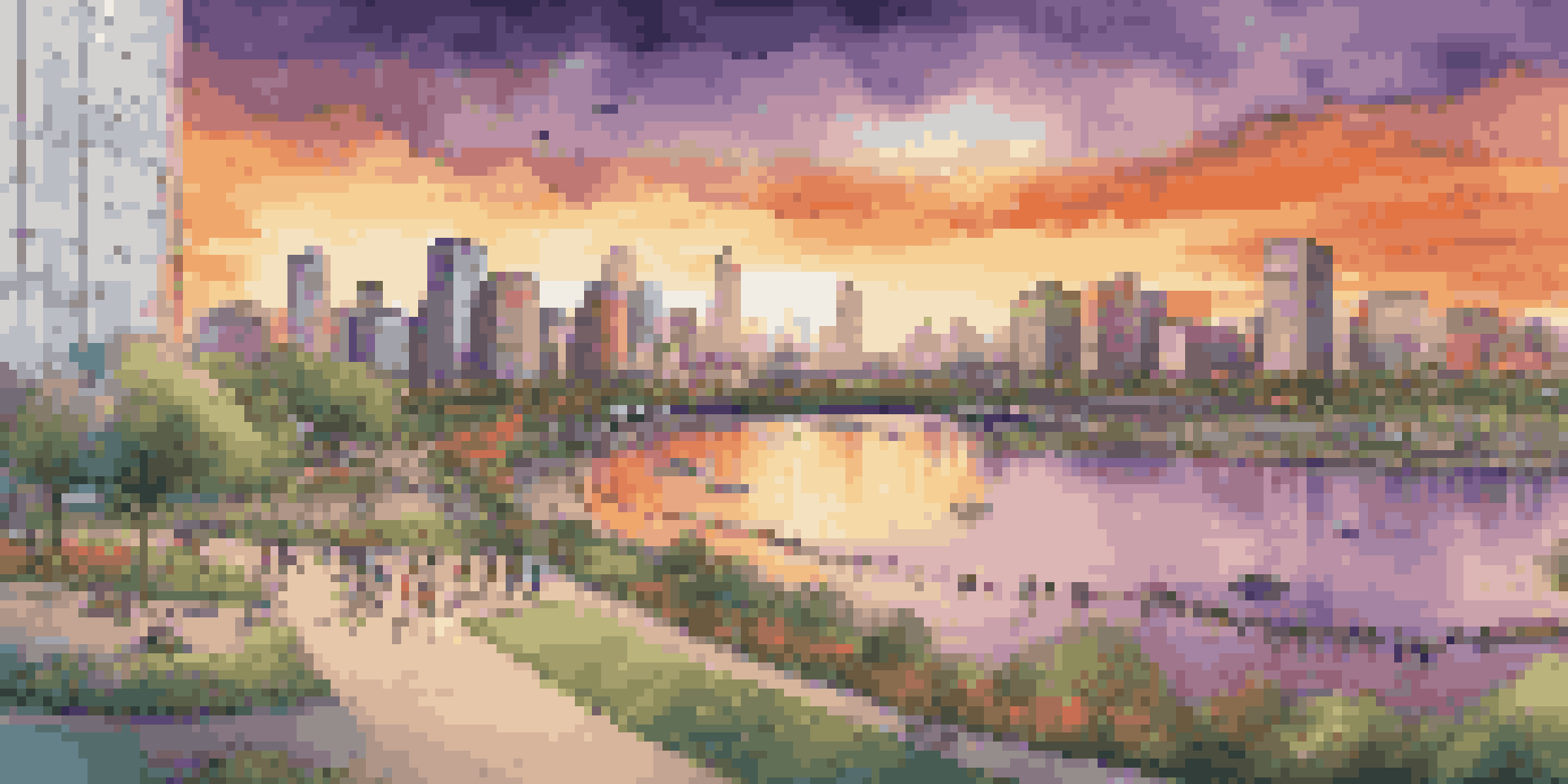 A city skyline at sunset with modern infrastructures like flood defenses and green spaces, families in a park, and skyscrapers with solar panels.