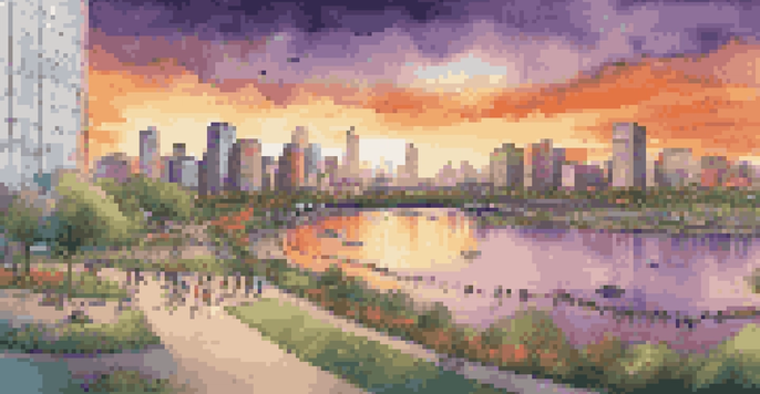 A city skyline at sunset with modern infrastructures like flood defenses and green spaces, families in a park, and skyscrapers with solar panels.