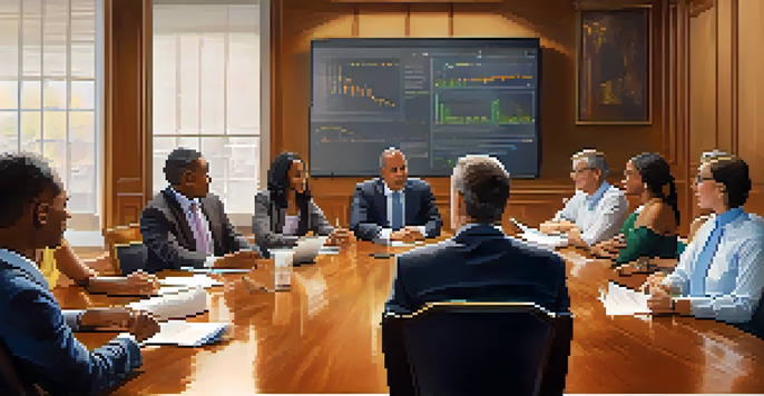 A group of diverse individuals engaged in a lively discussion during an investment club meeting, with laptops and notes on a wooden table.