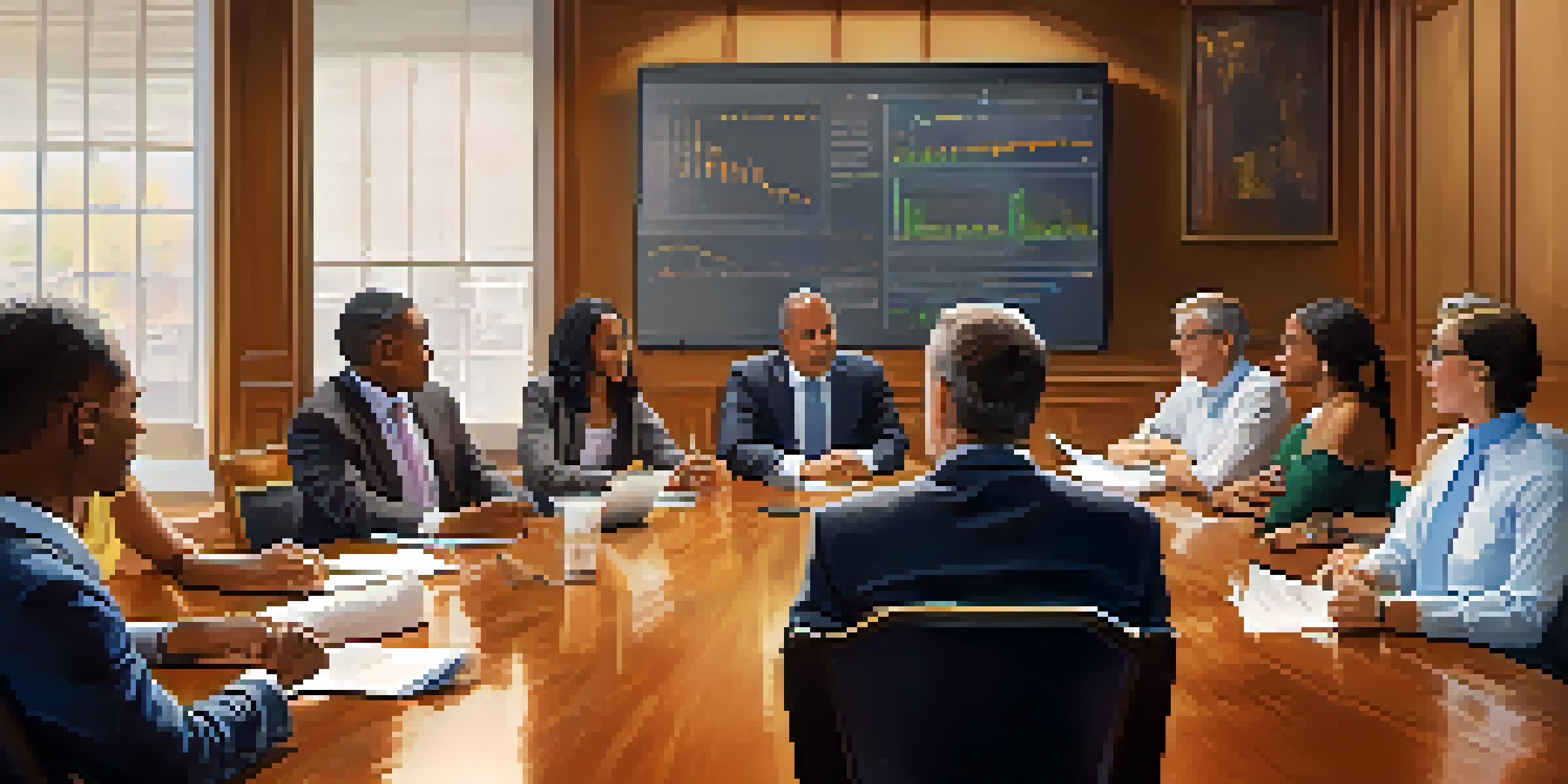 A group of diverse individuals engaged in a lively discussion during an investment club meeting, with laptops and notes on a wooden table.