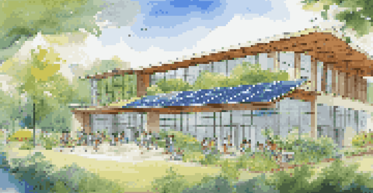 An eco-friendly school building with solar panels and students engaged in outdoor sustainability education.