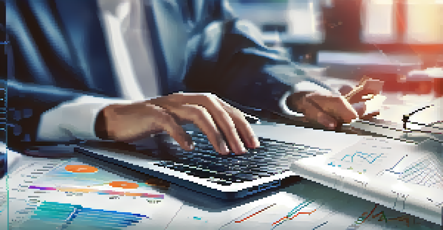 Close-up of hands typing on a laptop with charts and graphs in a dynamic workspace.