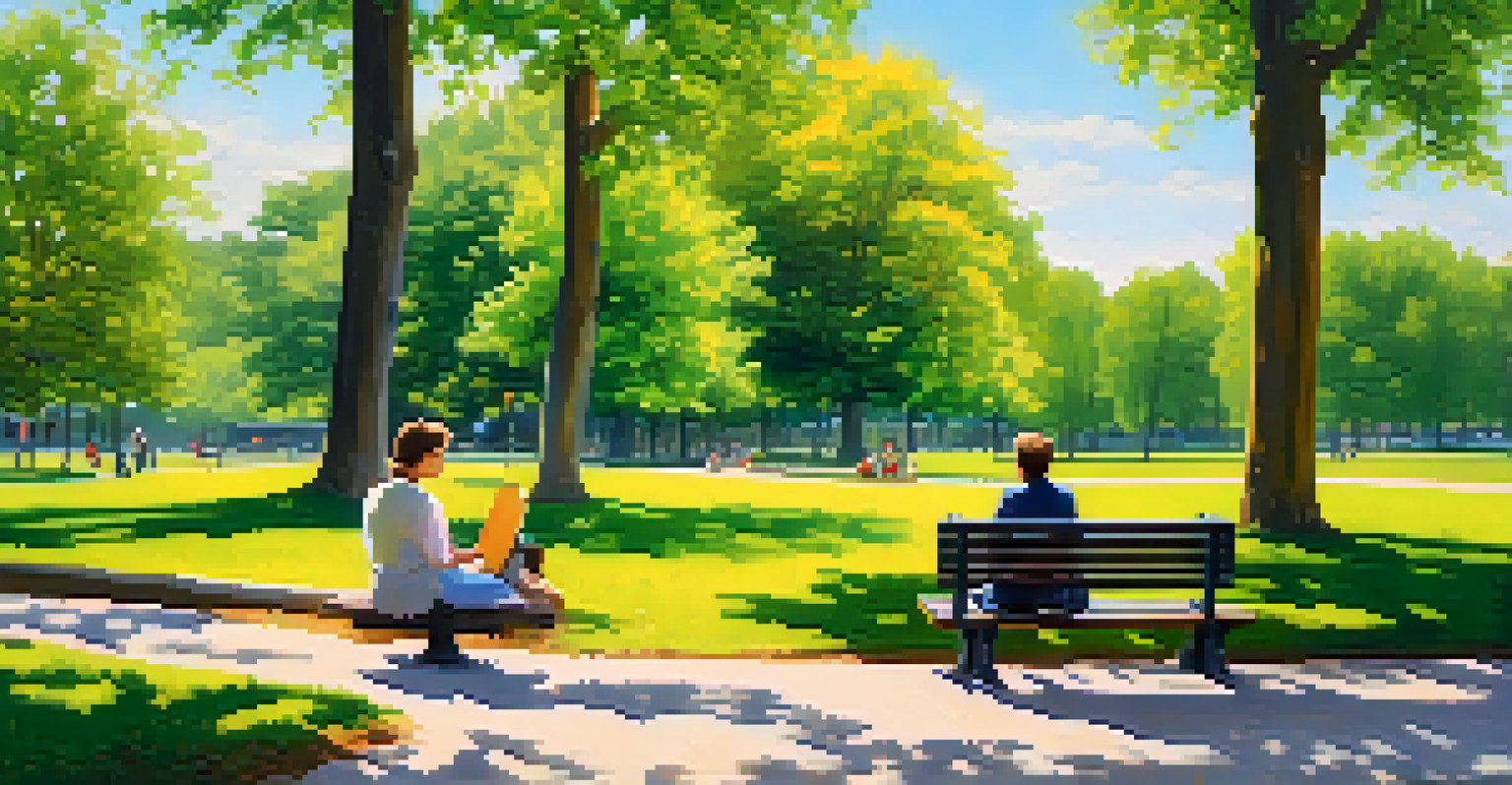 Two friends sitting on a park bench, discussing financial planning under a sunny sky, with trees and flowers in the background.