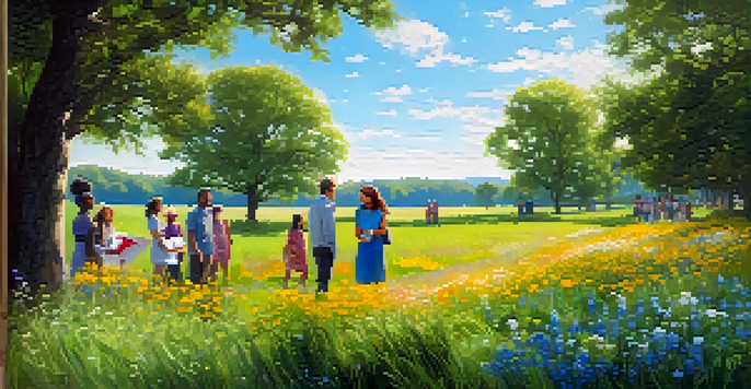 A diverse group of people discussing sustainability in a vibrant green field with wildflowers under a blue sky.