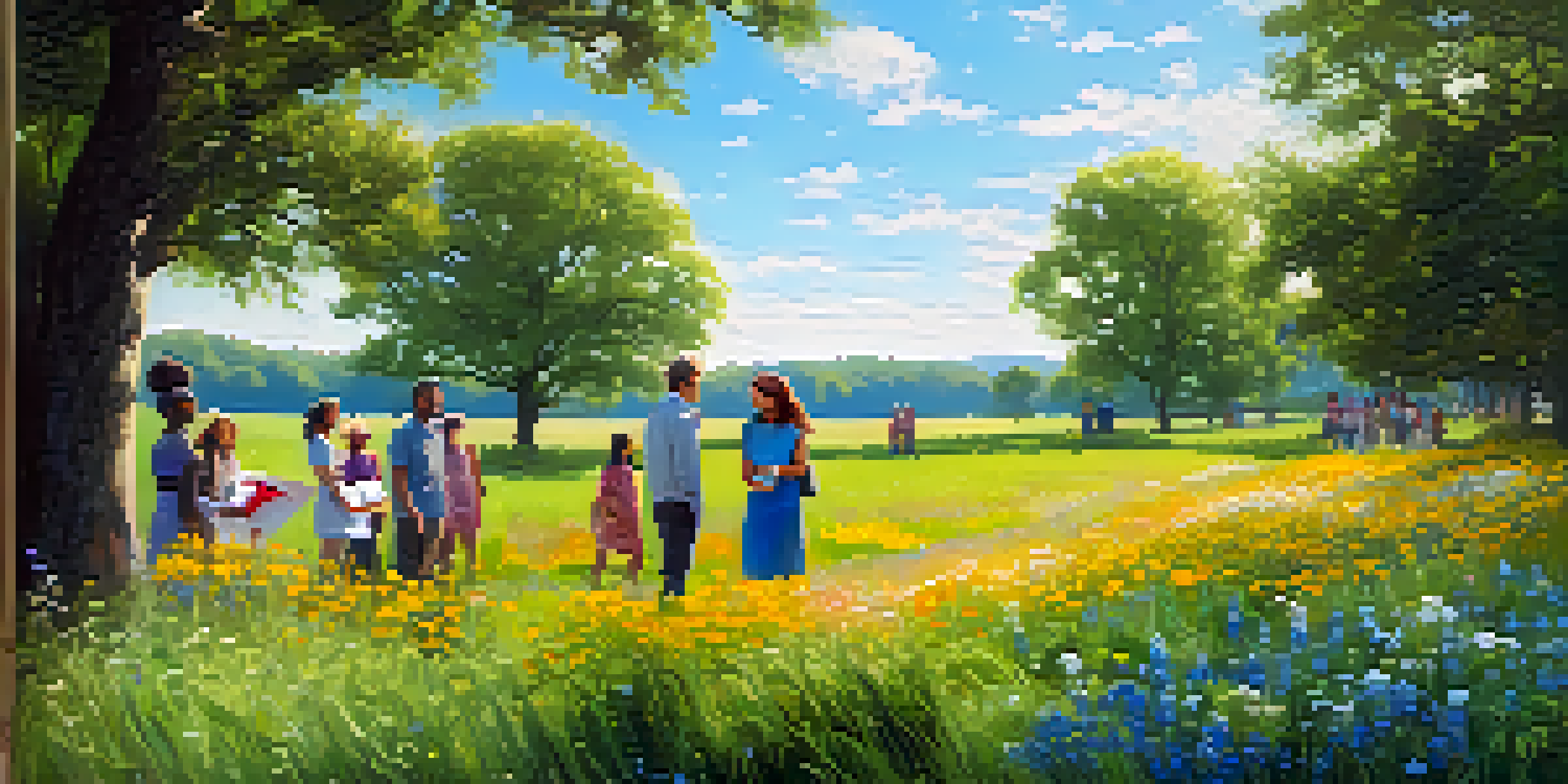 A diverse group of people discussing sustainability in a vibrant green field with wildflowers under a blue sky.