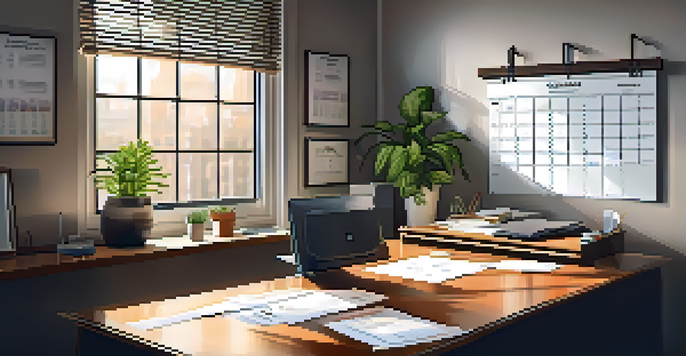 A peaceful office environment featuring a desk with financial documents and a laptop, illuminated by morning light.