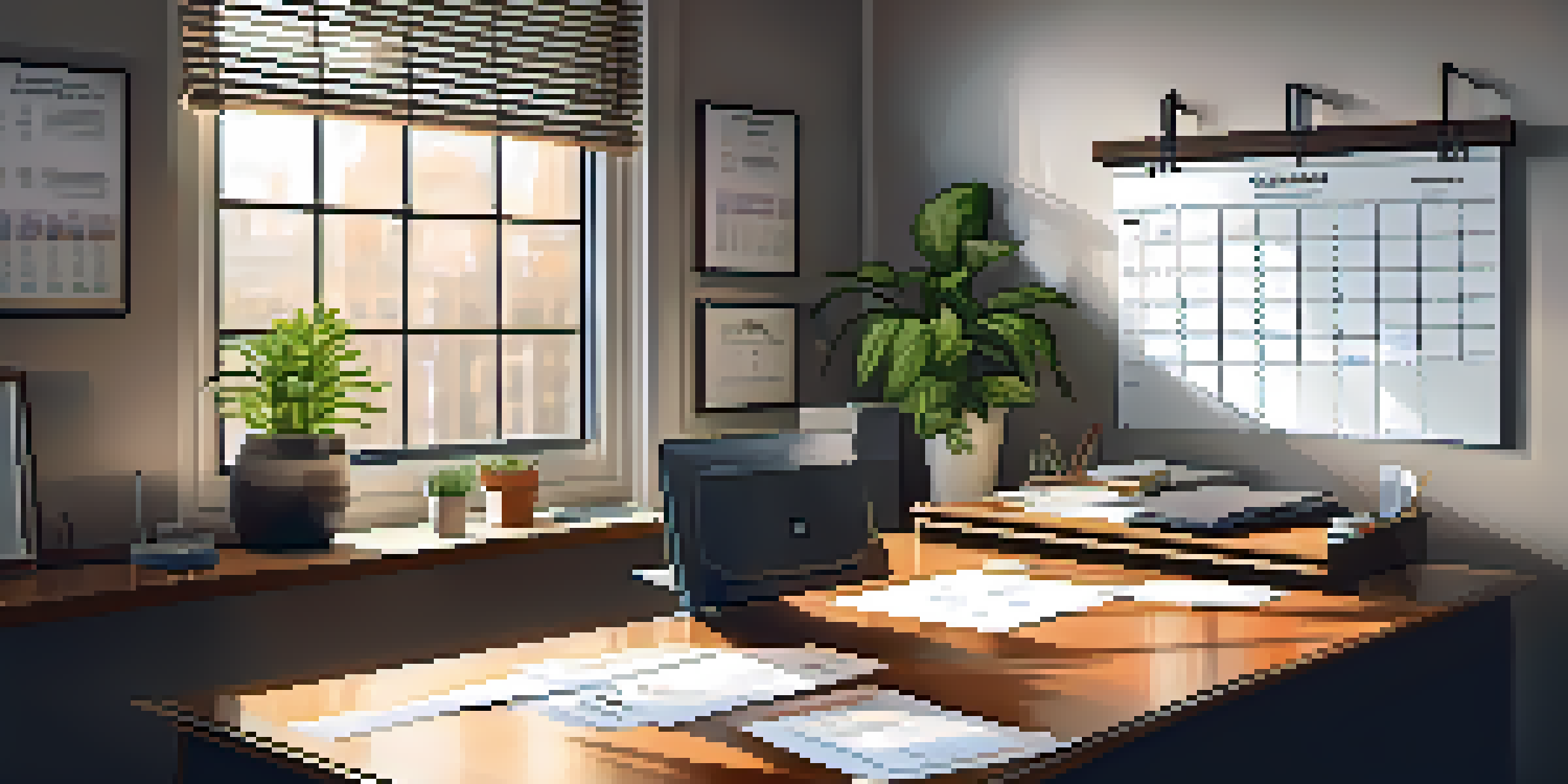 A peaceful office environment featuring a desk with financial documents and a laptop, illuminated by morning light.