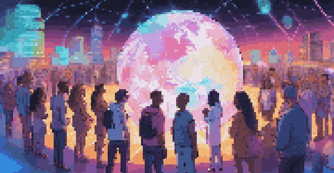 A diverse group of people from various backgrounds discussing around a glowing holographic globe, representing a community engaged in cryptocurrency.
