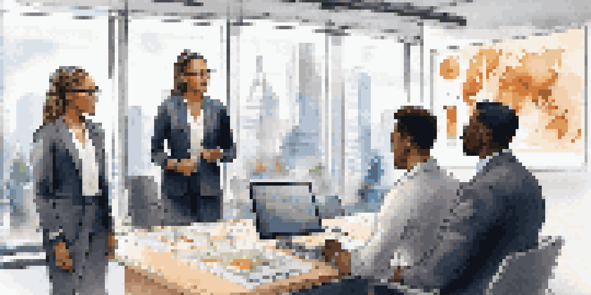 A diverse group of professionals in a modern office discussing alternative investments with charts displayed in the background.