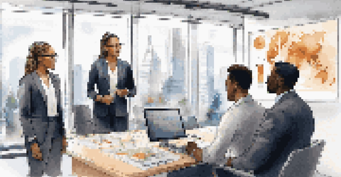 A diverse group of professionals in a modern office discussing alternative investments with charts displayed in the background.