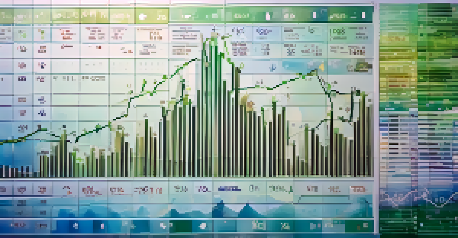 A close-up of a financial graph with upward trends, surrounded by currency symbols and investment icons on a gradient background.