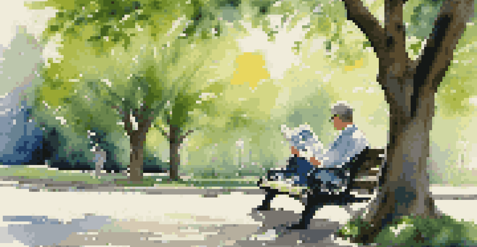 A person reading a financial magazine on a park bench surrounded by greenery and sunlight filtering through the trees.