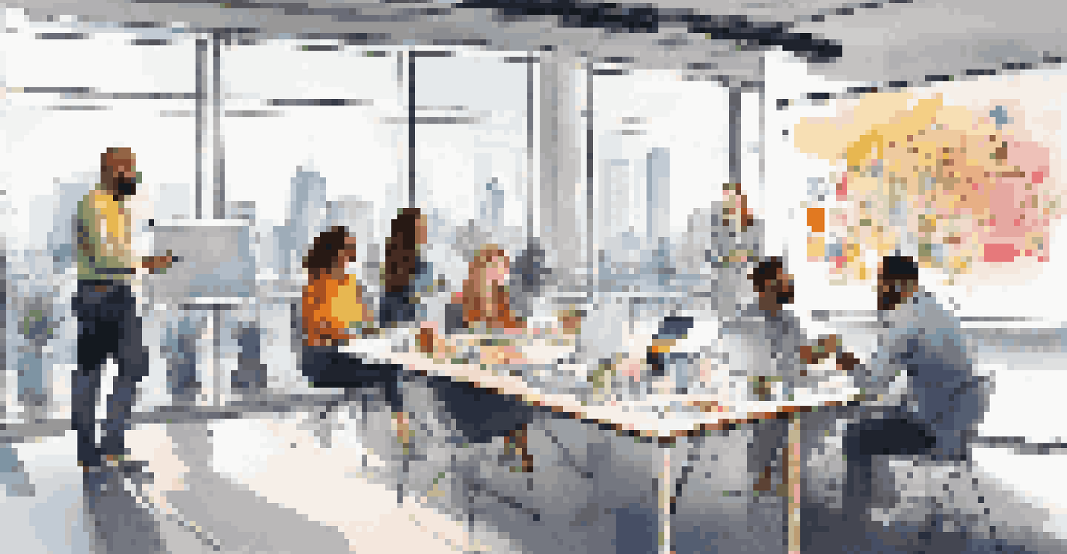 A diverse marketing team brainstorming ideas around a whiteboard in a vibrant office environment.