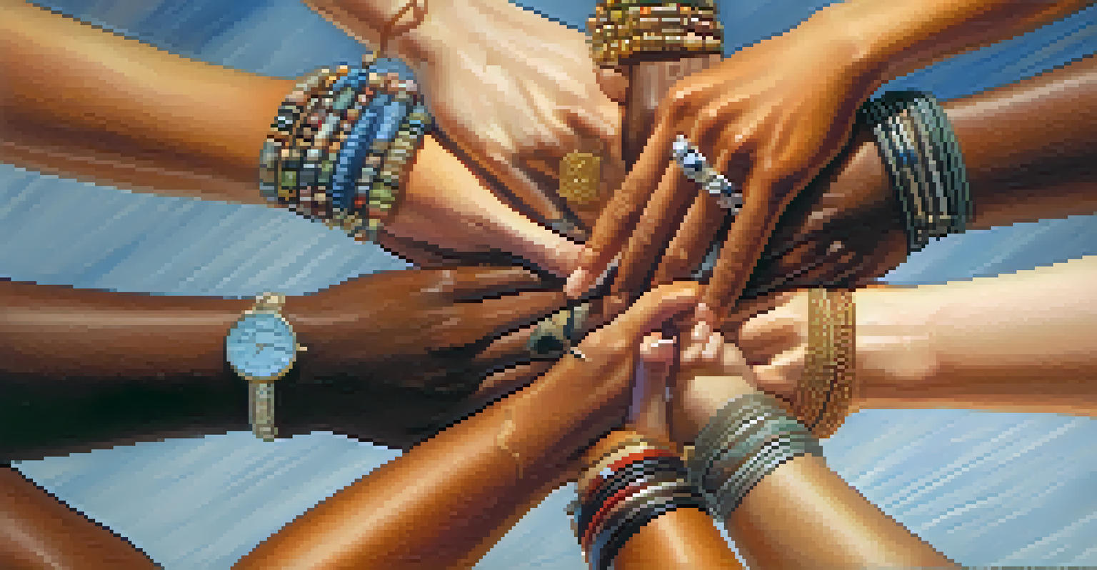 A close-up of diverse hands joined together in a circle, symbolizing unity.
