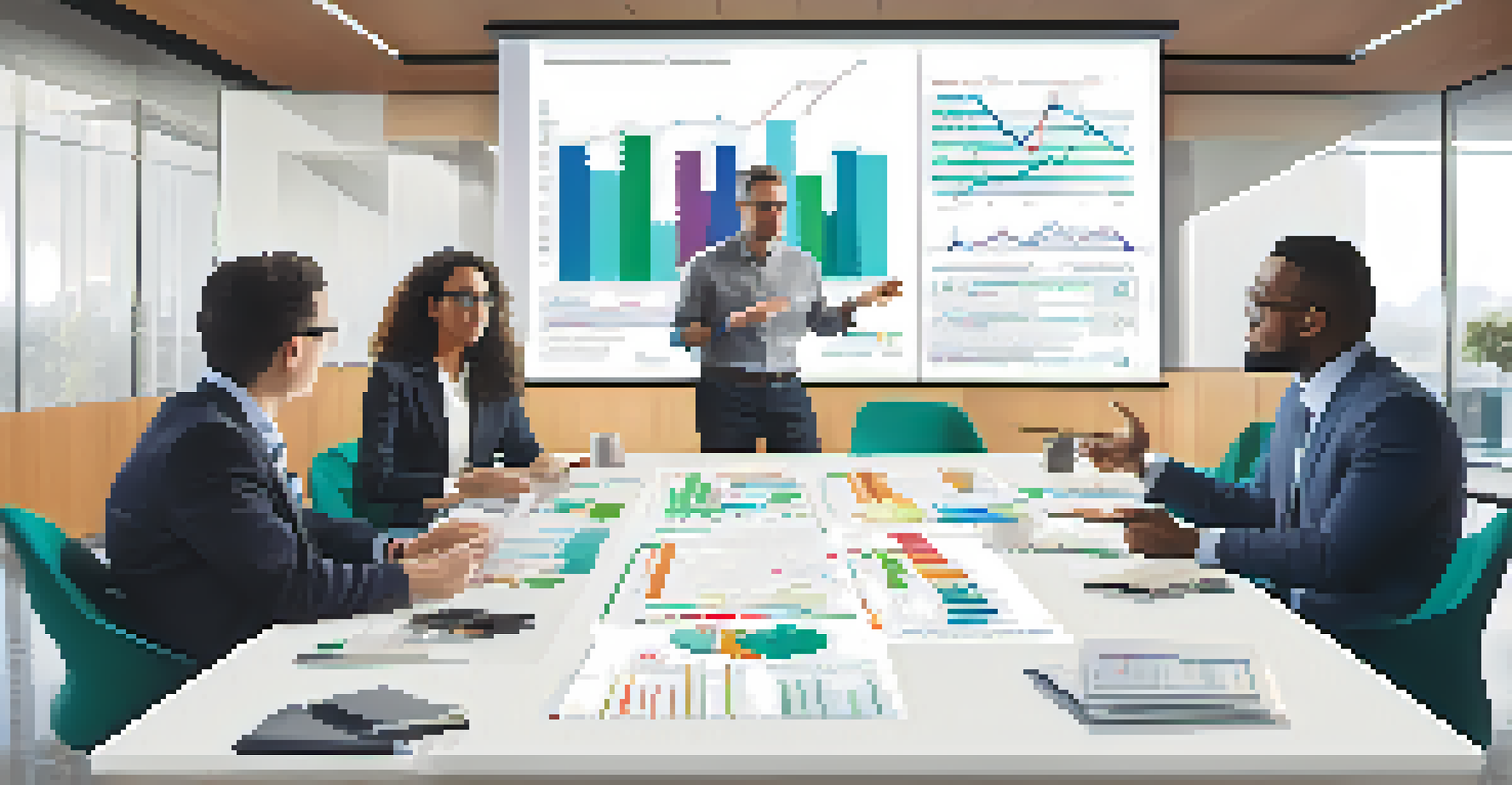 A diverse team discussing investments in a conference room, with charts on display and collaborative interaction, highlighting the importance of teamwork in finance.