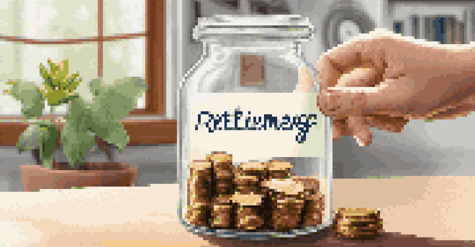 A hand placing coins into a glass jar labeled 'Retirement Savings', filled with coins, with a cozy home background.