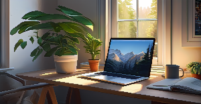 A warm and inviting home office with a desk, a laptop, and a potted plant, bathed in sunlight.