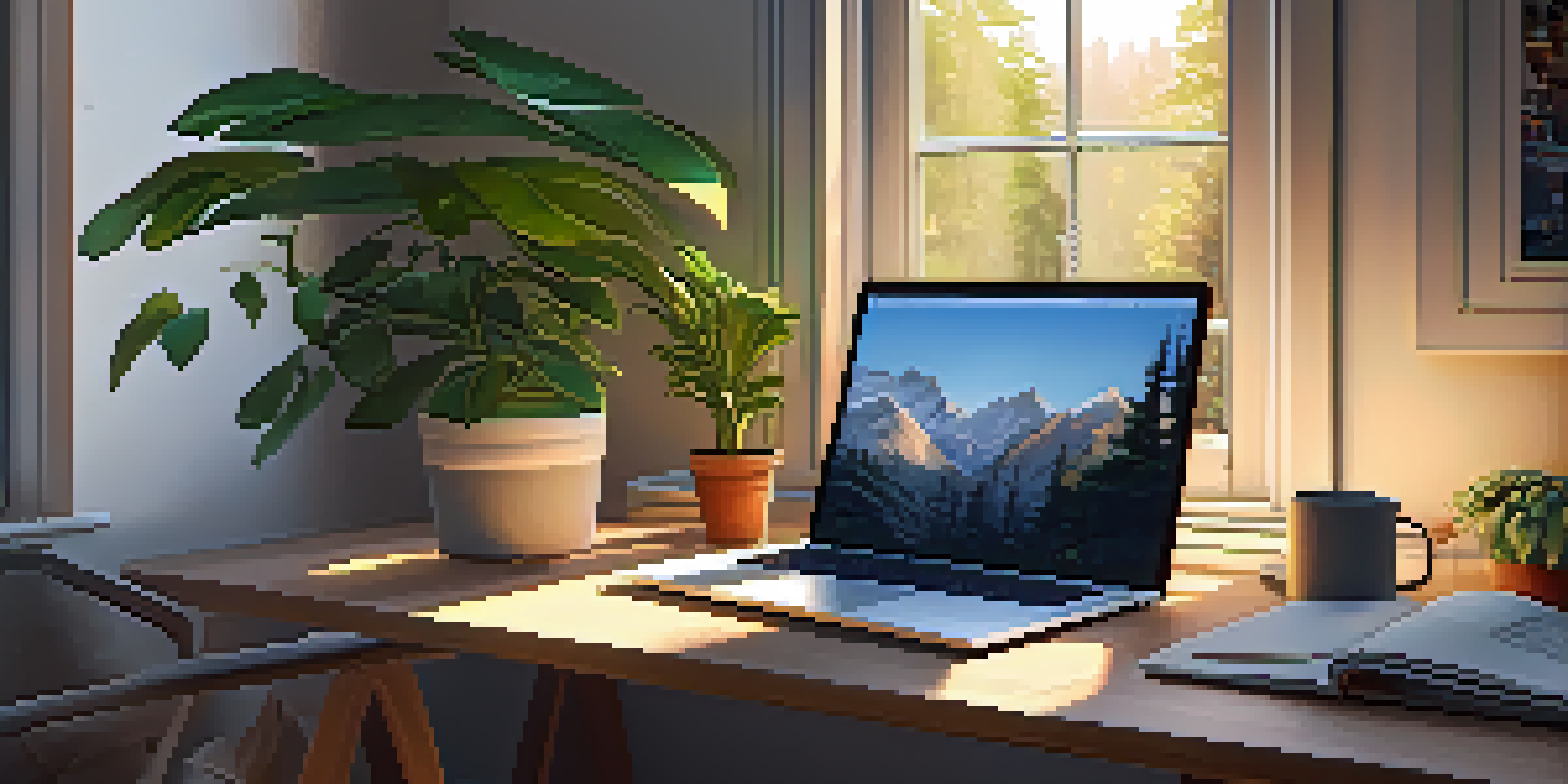 A warm and inviting home office with a desk, a laptop, and a potted plant, bathed in sunlight.