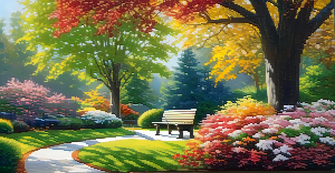 A garden displaying the four seasons: blooming flowers in spring, green trees in summer, colorful autumn leaves, and a snowy winter landscape under sunlight.