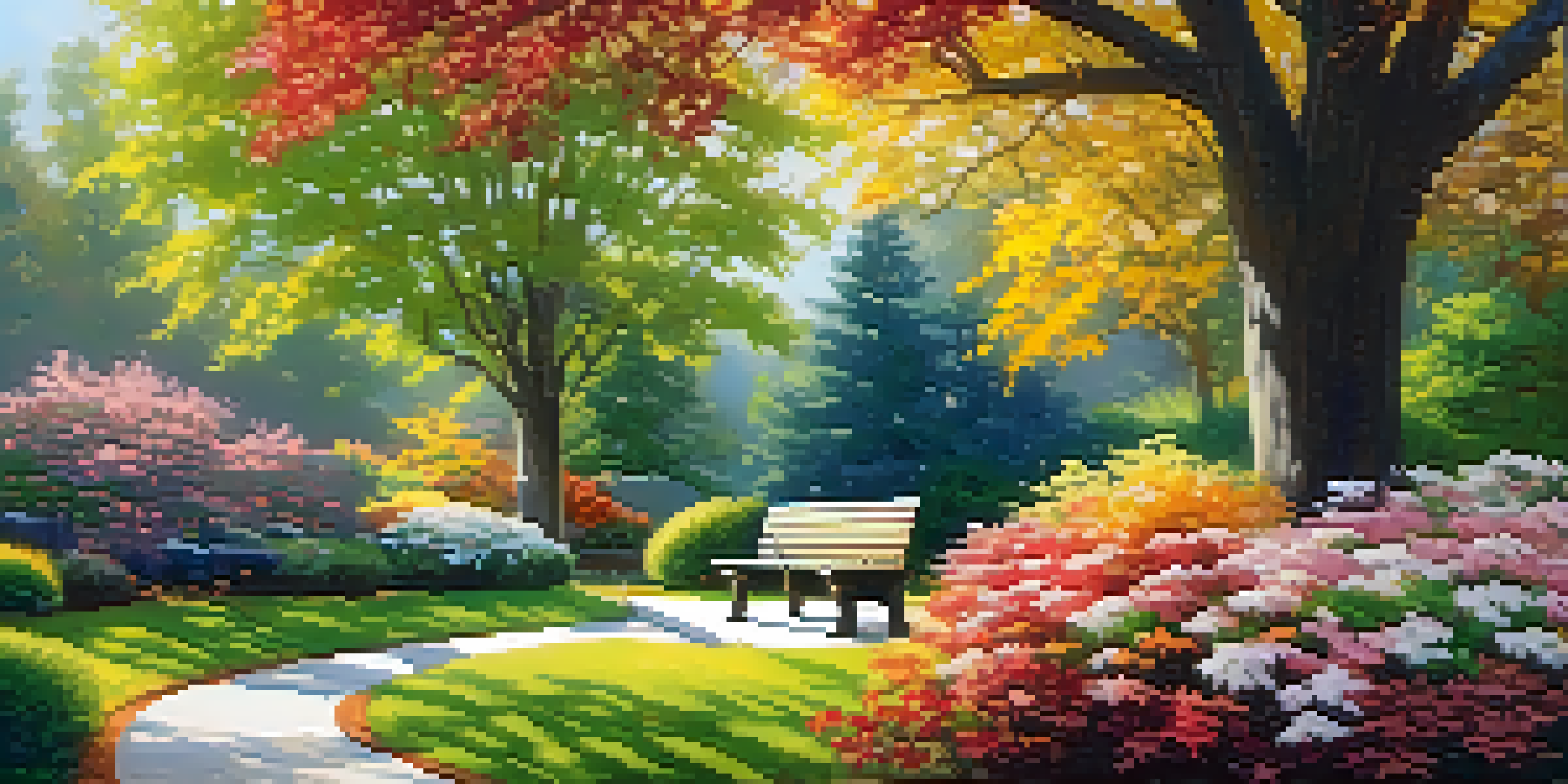 A garden displaying the four seasons: blooming flowers in spring, green trees in summer, colorful autumn leaves, and a snowy winter landscape under sunlight.