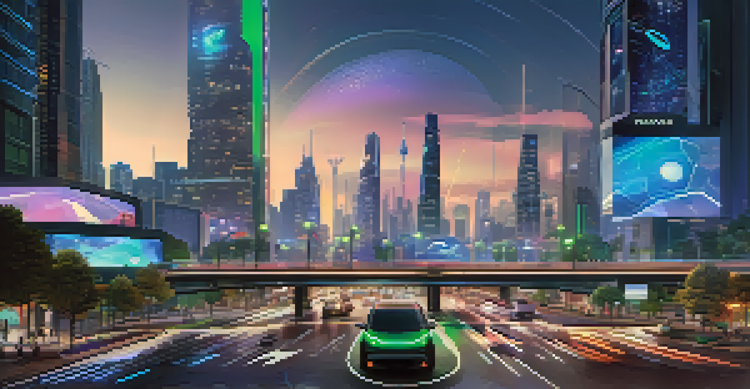 A vibrant smart city at night, featuring illuminated buildings, smart traffic systems, and autonomous vehicles, showcasing futuristic urban development.