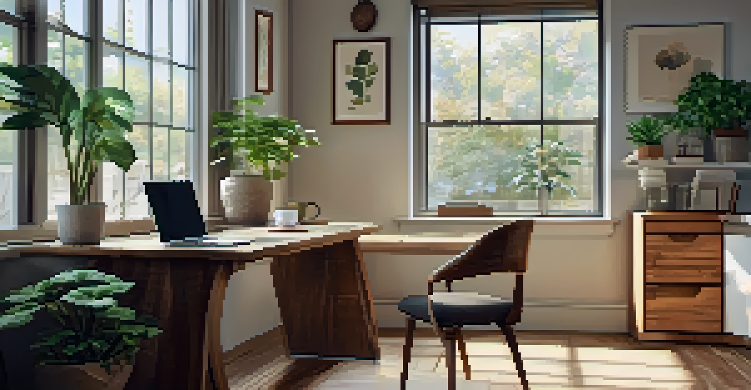 An elegant workspace featuring a wooden desk with a laptop and a cup of coffee, illuminated by natural light.
