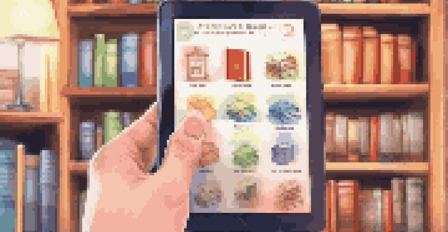 A close-up of a hand holding a tablet showing an educational app, with a cozy study space and bookshelves in the background.
