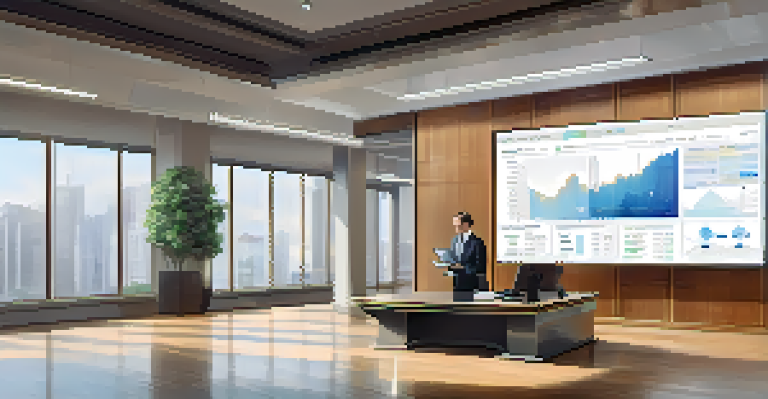 An office with a central bank official looking at a screen showing digital currency transaction data, well-lit and stylishly decorated.