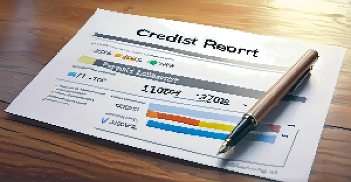 A close-up view of a credit score report on a desk, with a pen next to it, showcasing various credit score sections under soft natural lighting.