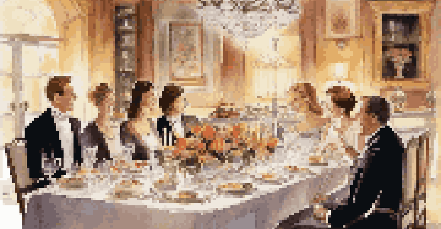 A beautifully set dining table with fine china and candlelight, capturing a festive dinner atmosphere with guests enjoying their meal.