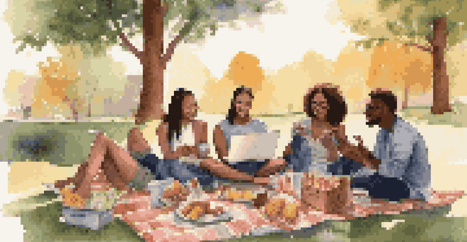 A group of friends sitting on a picnic blanket outside, engaged in a conversation about financial goals with a laptop open.