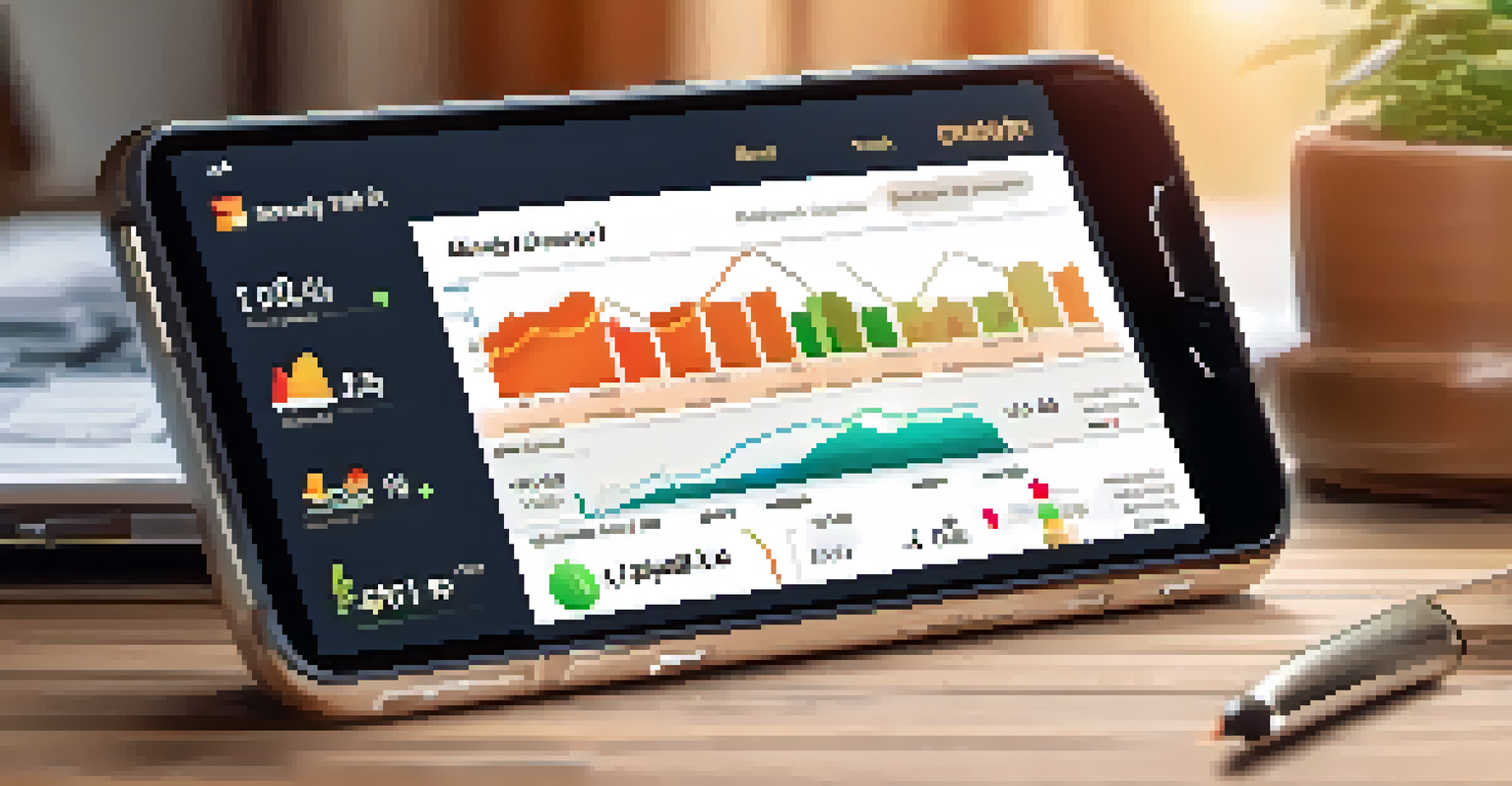 A hand holding a smartphone showing stock market data in a cozy home office.