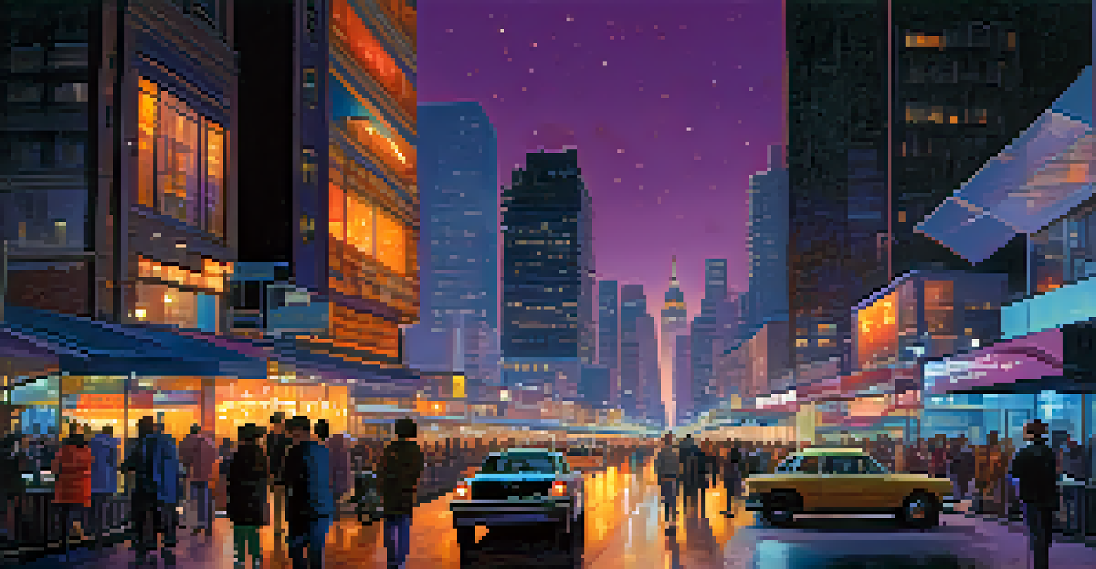 A city skyline at dusk with illuminated skyscrapers and a busy street scene.