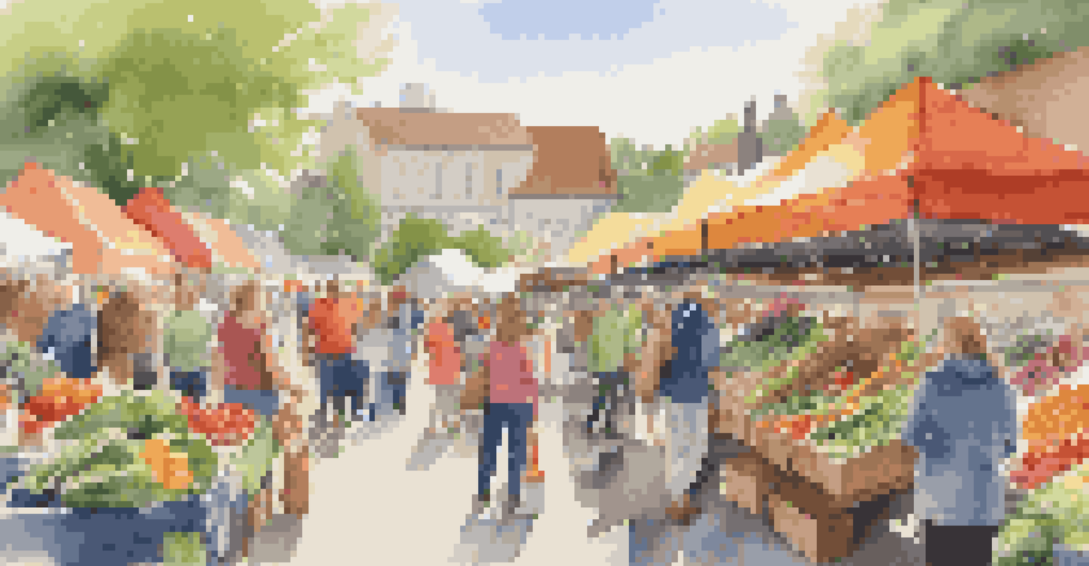 Families shopping at a lively farmers' market filled with fresh organic produce and colorful stalls.