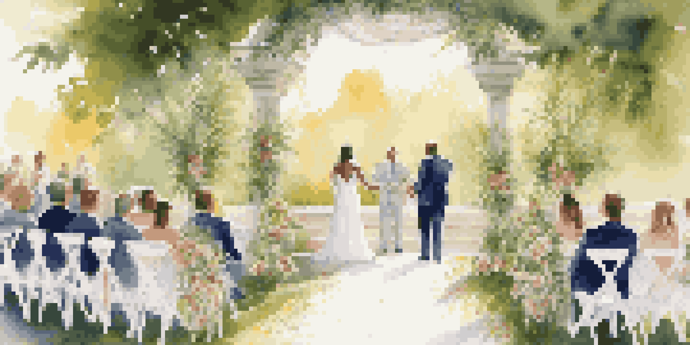 A picturesque outdoor wedding with guests seated and a floral archway under the sunlight.