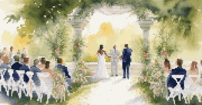 A picturesque outdoor wedding with guests seated and a floral archway under the sunlight.