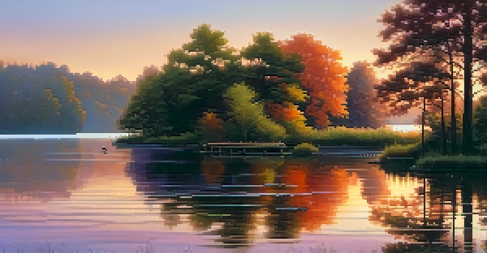 A tranquil lake at sunset with warm colors reflected on the water and a wooden dock extending into the scene.