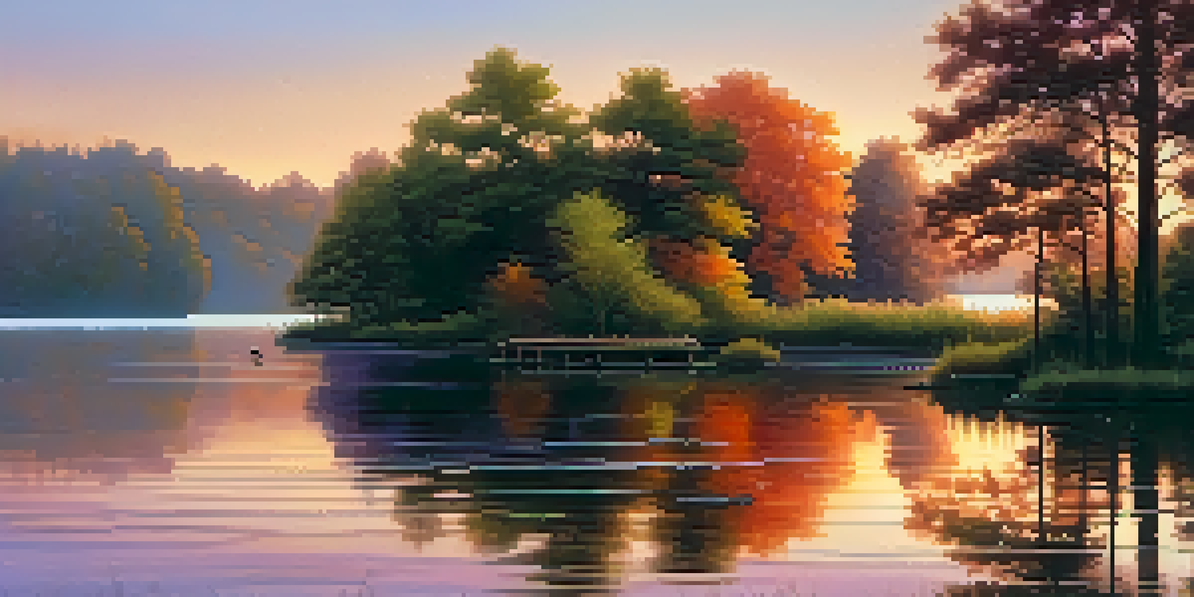 A tranquil lake at sunset with warm colors reflected on the water and a wooden dock extending into the scene.