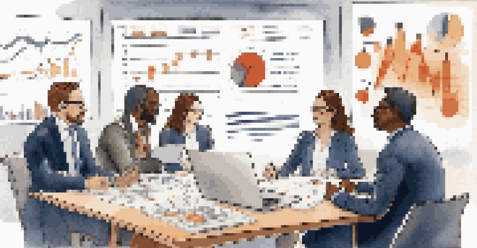 A group of investors engaged in a discussion about financial statements, with charts displayed on a screen.