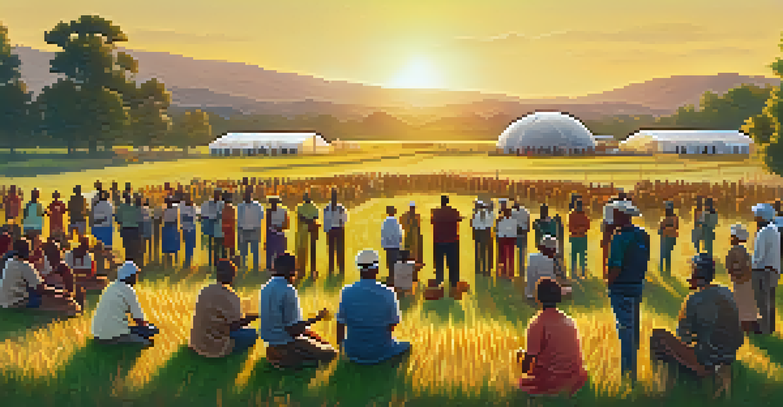 Farmers participating in a sustainable agriculture workshop in an open field during sunset.