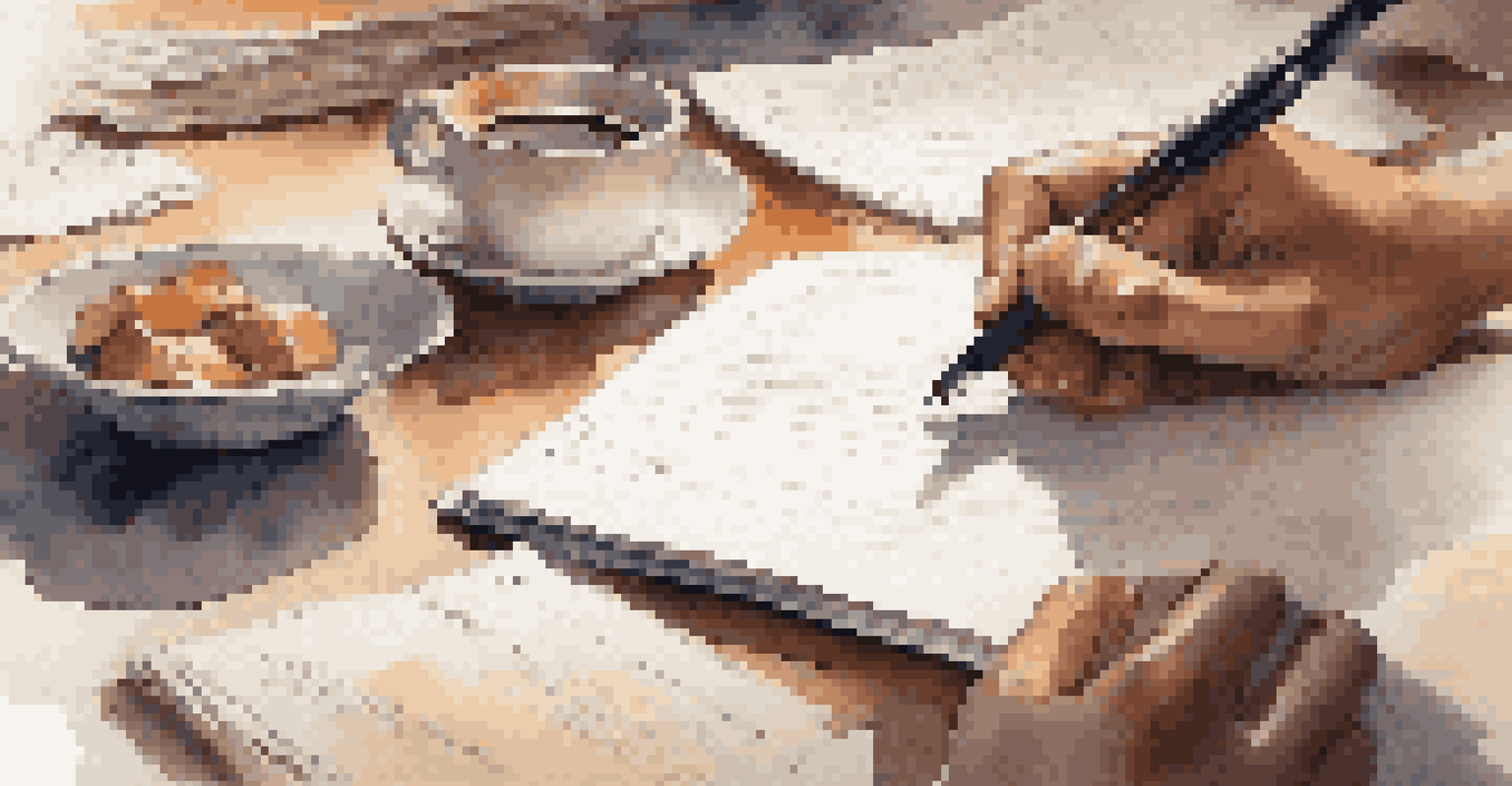A close-up of a person writing in a notebook with financial reports and coffee in the background.