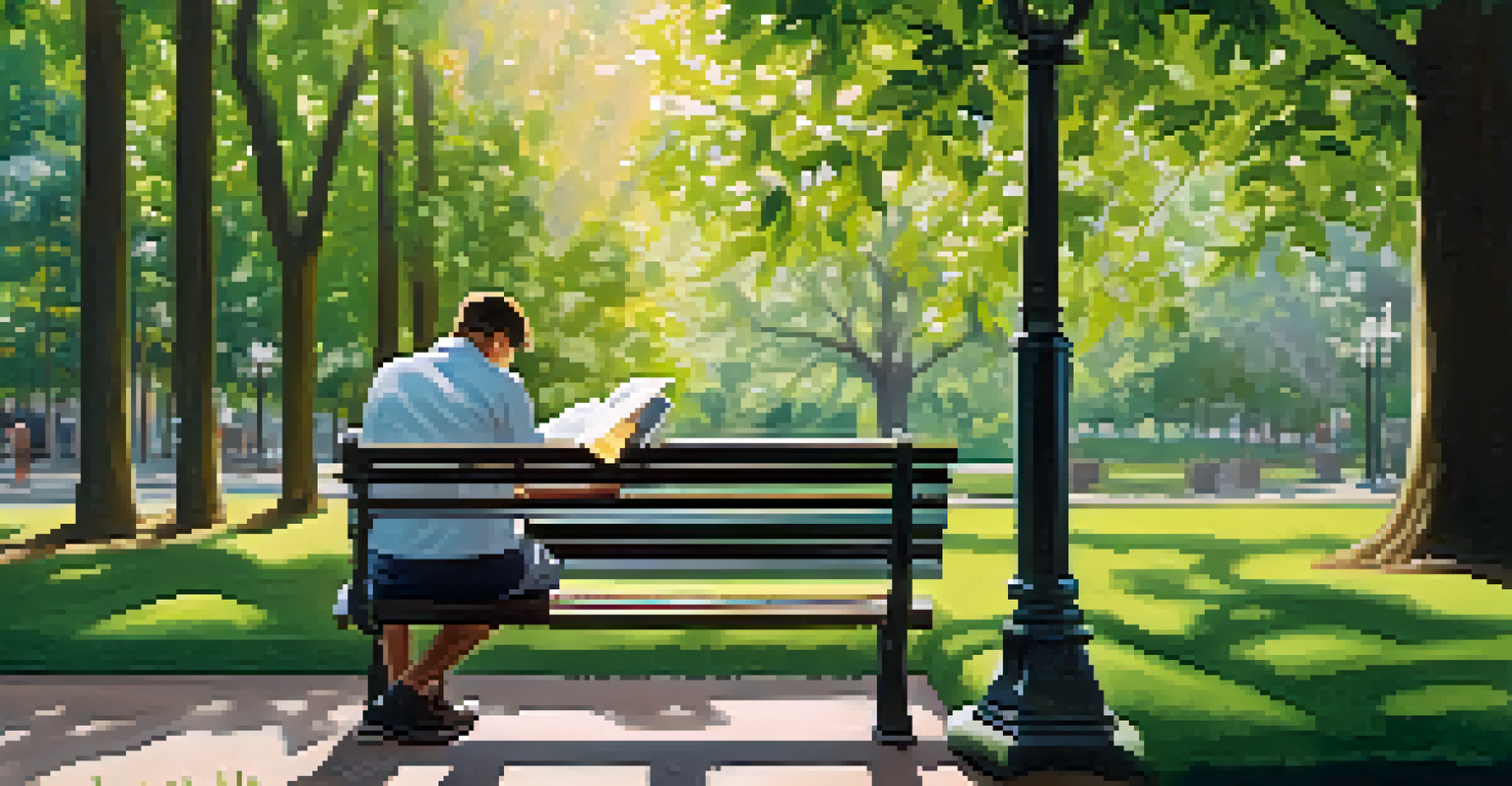 A person reading a financial magazine about ETFs on a park bench surrounded by greenery and sunlight.