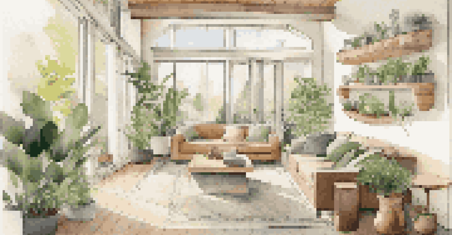A modern, eco-friendly home interior with natural materials, sunlight streaming through large windows, and a cozy reading nook surrounded by plants.