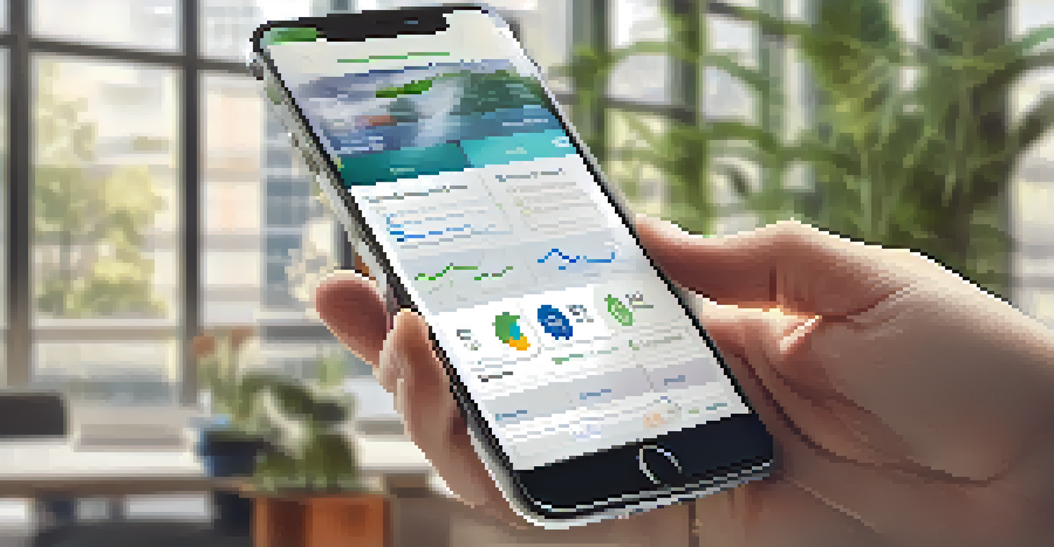 A close-up of a hand holding a mobile device displaying a financial app focused on sector diversification, set in a modern office environment.